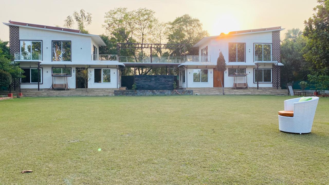Twin cottages at sunset